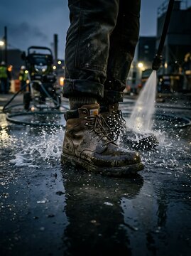 Workers Boots Splashing in Puddle During Evening City Cleaning.