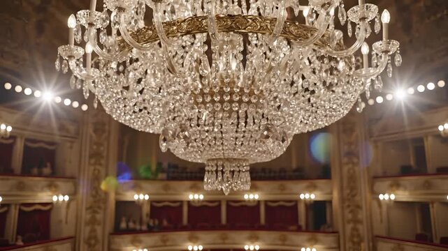 Grand Crystal Chandelier Illuminates Ornate Theater Interior.