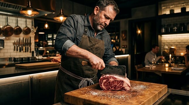 Skilled Butcher Carving a Large Cut of Raw Beef in a Rustic Kitchen Setting.