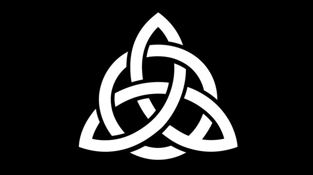 Bold white triquetra trinity knot on black background