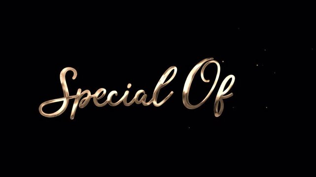Golden "Special Offer" handwriting text animation with a luxury metallic finish and ink splash effect. High-quality 4K video element with an alpha channel transparent background for promo.
