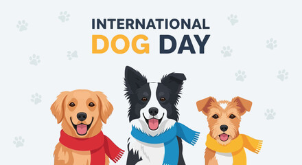 Fototapeta premium International Dog Day Greeting Card with Cute Dogs Wearing Scarves