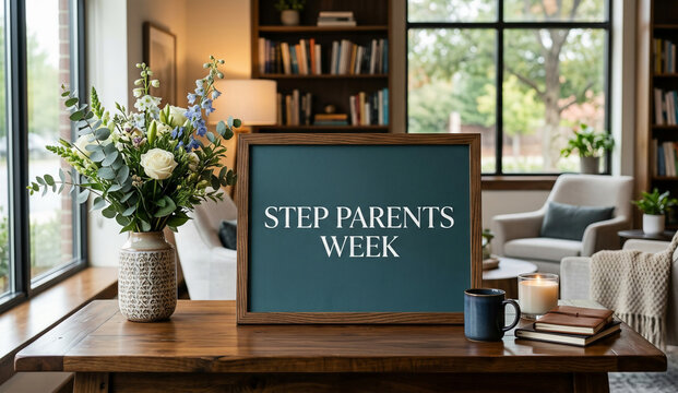 Step Parents Week concept displayed on a wooden framed board in a cozy living room
