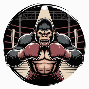 Gorilla wearing boxing gloves aggressively.