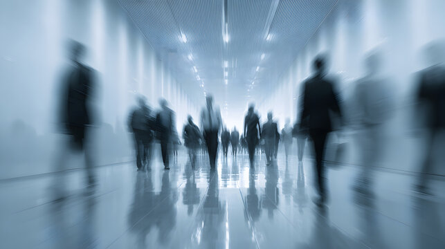Abstract monochrome blue tone crowd of business professionals walking forward with creative zoom burst speed effect