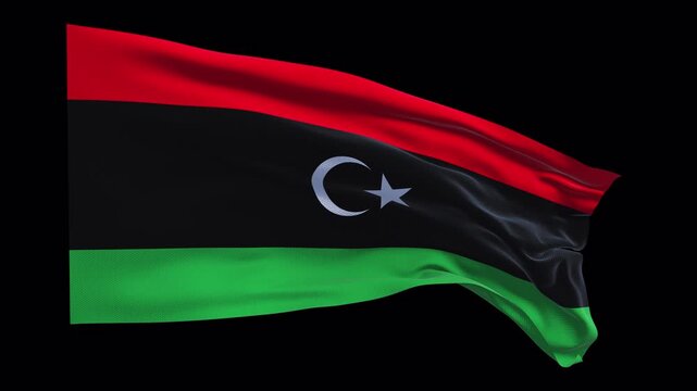 Realistic animation of the Libya flag waving in the wind, ideal for national identity projects, news visuals, travel content, cultural videos, presentations, national holidays and web banner use.