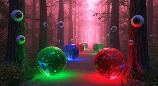 A surreal woodland trail featuring floating gelatinous orbs and trees adorned with unblinking eyes under a hazy pink sky in low fidelity, landscape, trail, orbs