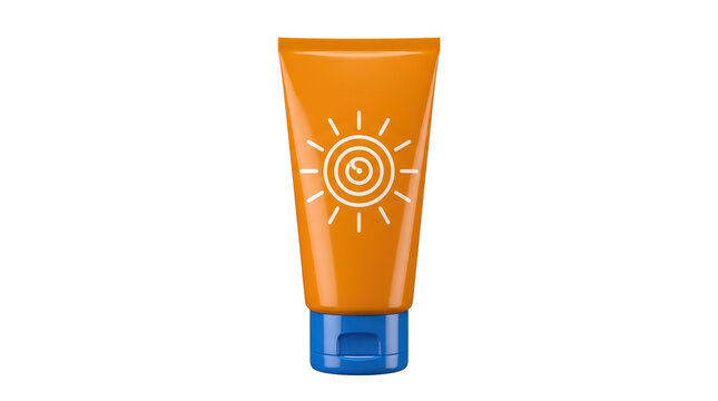 Orange sunscreen tube with sun icon and blue cap