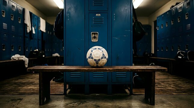 Anticipation and dedication fill the quiet locker room as a soccer ball rests centrally on a worn wooden bench, symbolizing the spirit of sport