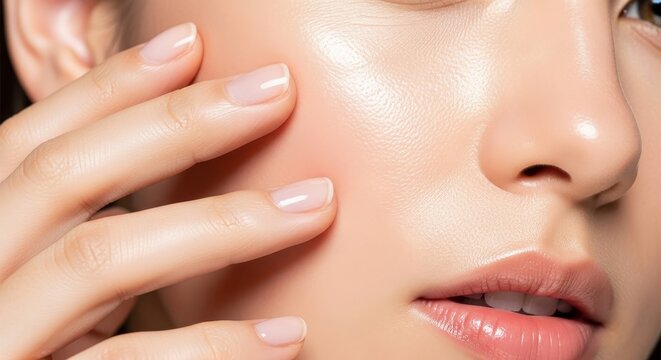 Close up of radiant skin and gentle hand placement, showcasing a dewy complexion and natural youthful glow with a soft aesthetic finish, spa, bright, gentle