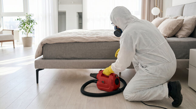 Pest control worker in a protective suit spraying chemicals under the bed during an extermination process in a modern bedroom. Home disinfection concept