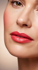 Naklejka premium Close up view of mature features showing vibrant coral lip color and radiant glowing cheeks, set against a clean minimal studio backdrop, appearance, texture, lighting