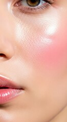 Naklejka premium Close up view of soft radiant skin featuring a delicate pink hue on cheeks and luminous highlights for a natural dewy glow and elegance, skin, macro, pink