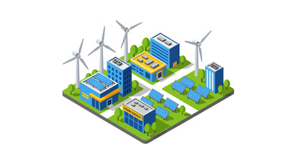 Fototapeta premium Isometric Eco-Friendly Sustainable City Illustration with Wind Turbines and Solar Panels for Green Energy Concept