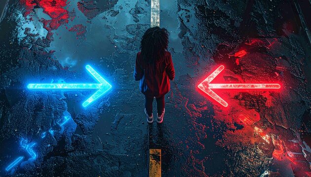 View from above (drone view) of a woman standing in the middle of a wet asphalt road at night, facing a dilemma of choosing between two opposite directions. On the left side there iswoman in the night