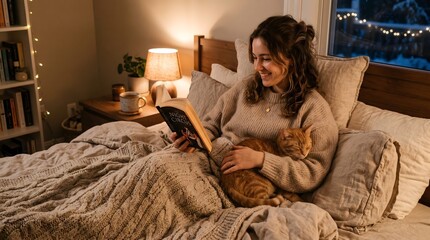 Obraz premium Young woman reading a book in bed with her cat on a cozy evening