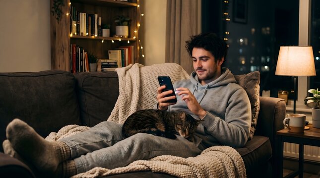 Young man relaxing on a sofa with his cat while using a smartphone