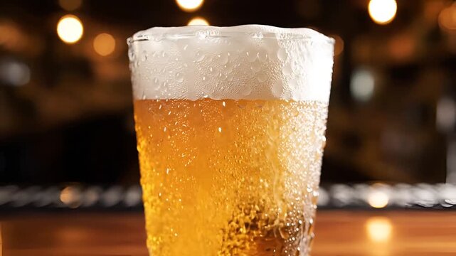 Close up of a refreshing cold beer with frothy head in a glass 1.
