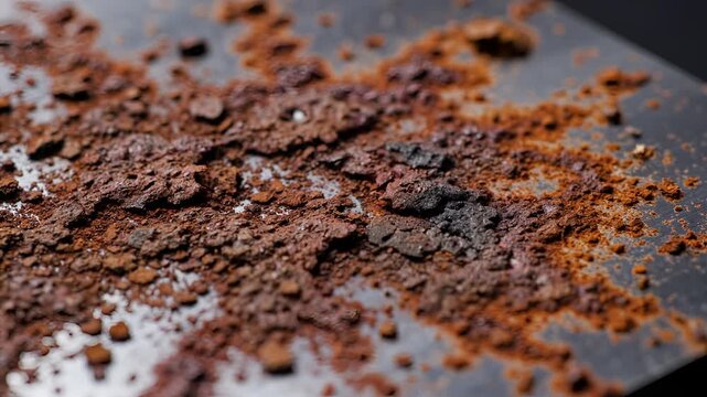 Close up of rusty metal surface with scattered debris.