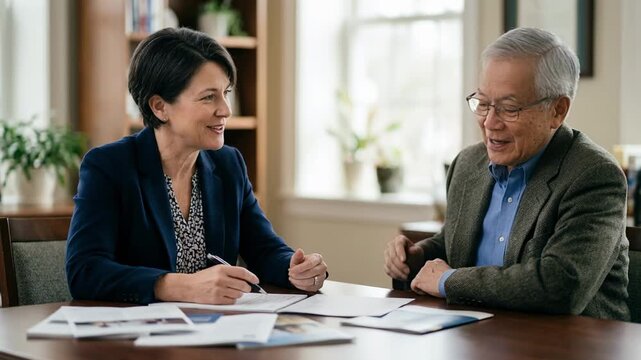 Medium shot of a financial advisor discussing charitable remainder trust options with a donor documents on table blurred in background emphasizing focused interaction.