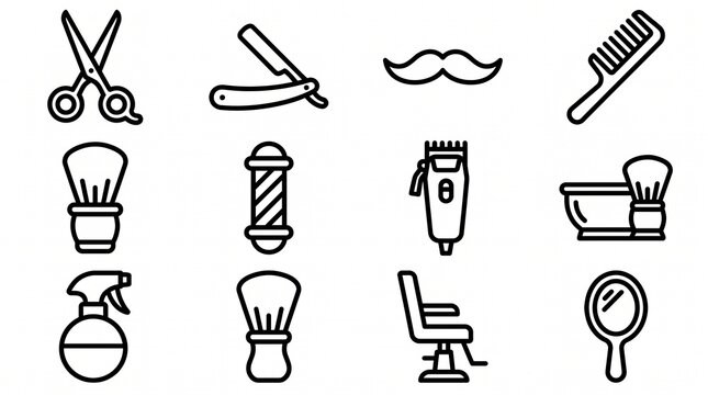 Barber shop icons set including scissors razor mustache comb shaving brush barber pole clipper shaving bowl spray bottle chair and mirror