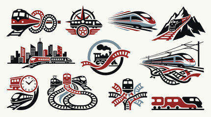 Collection of stylized train icons and logos representing speed, travel, and urban transit. © tr