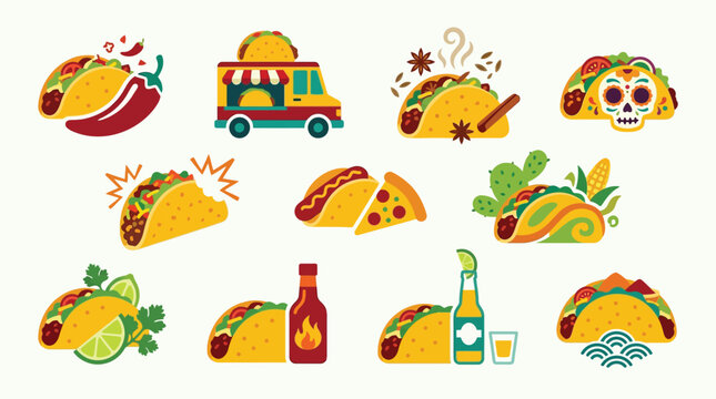 A vibrant collection of Mexican food illustrations, featuring tacos, hot dogs, pizza, and hot sauce, with festive elements like chili peppers and sugar skulls.