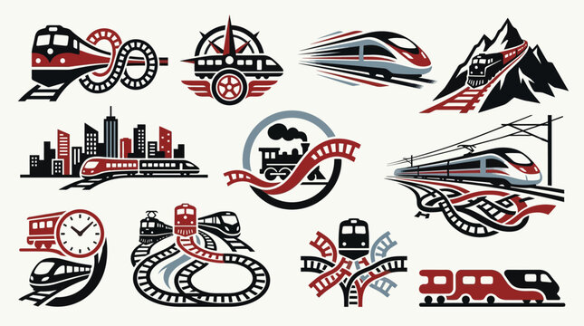 Collection of stylized train icons and logos representing speed, travel, and urban transit.