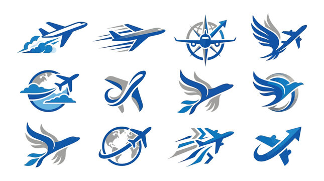 Collection of airplane logos and icons representing travel, aviation, and transportation.