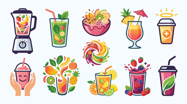 Collection of vibrant fruit smoothies, juices, and healthy drinks with blender and ingredients.