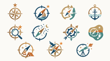 Collection of stylized compass icons representing travel, exploration, and navigation themes. © tr