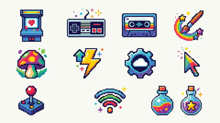 Fototapeta premium Collection of pixel art icons representing video games, technology, and fantasy elements.