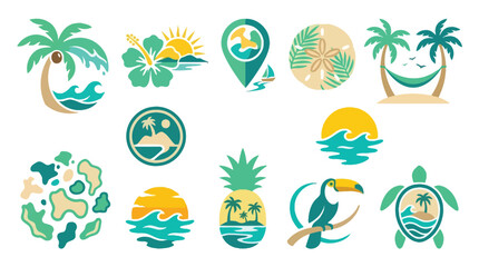 Collection of tropical island and beach vacation icons and symbols, perfect for travel and summer themes. © tr