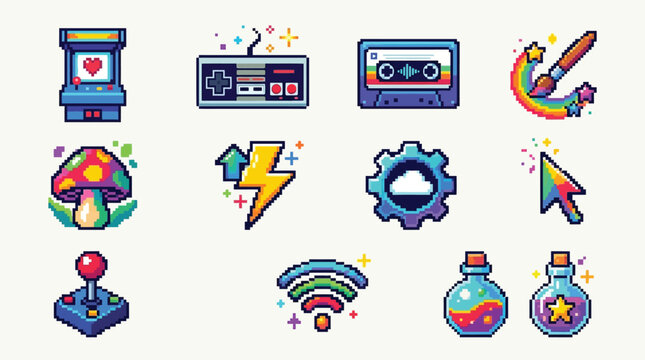 Collection of pixel art icons representing video games, technology, and fantasy elements.
