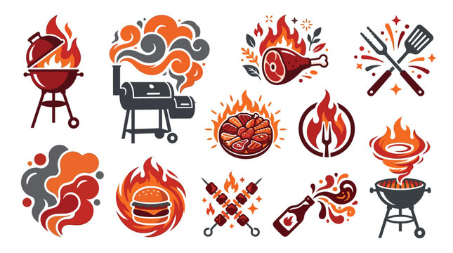 Collection of barbecue and grilling icons and illustrations, featuring grills, food, and smoke elements.