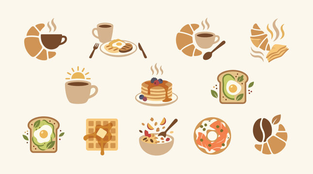 Collection of delicious breakfast icons including coffee, pancakes, avocado toast, and croissants.