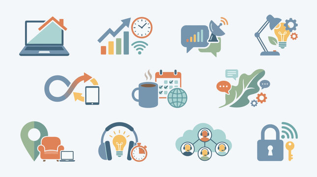 Collection of flat design icons representing remote work, business, and technology concepts.