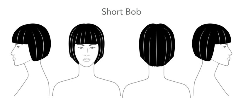  Short bob graduated hairstyle black white vector front back profile views, clean haircut structure fringe shape for salon, hairdresser, fashion illustration, beauty reference, graphic system