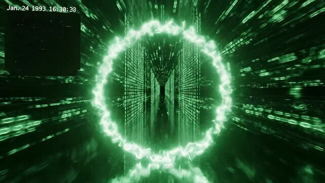 Digital Matrix Tunnel with Old Television and Glowing Rings.