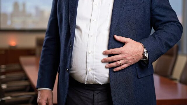 Businessman in suit at office with belly obesity overweight and tight button on waistline, corporate hand gesture holding stomach pain and abdomen stress discomfort in meeting room workplace health