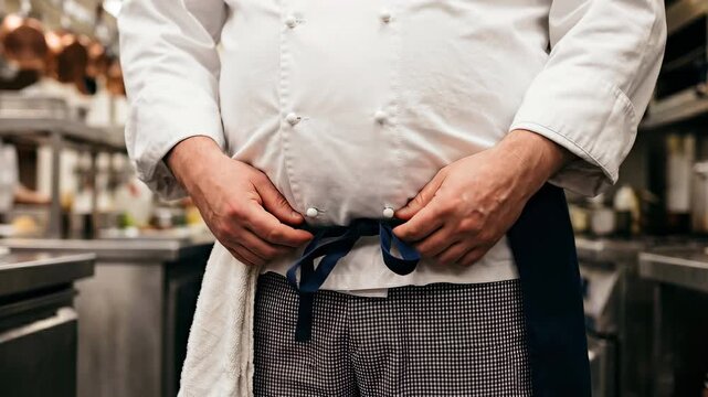 Professional chef uniform in commercial kitchen, hands tying apron in restaurant cooking, white jacket kitchen staff teamwork for food service and meal preparation at stainless steel workspace