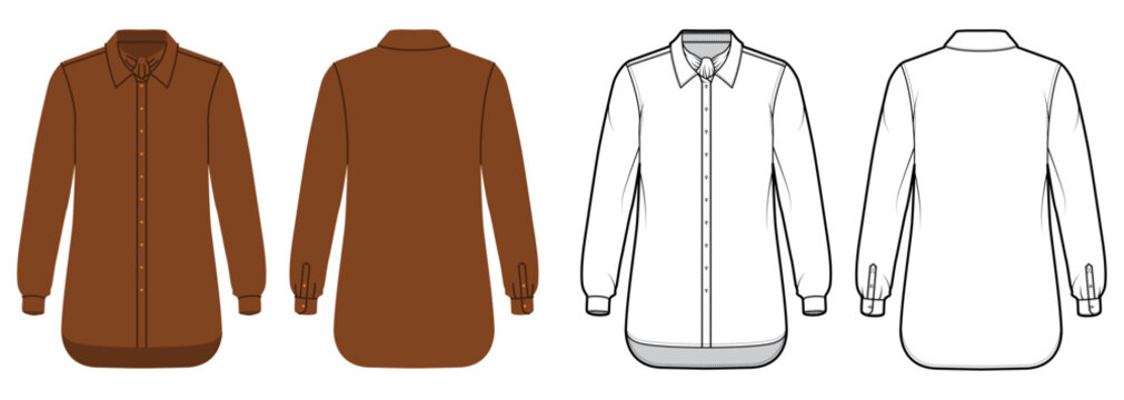 Ascot Minimal shirt with clean construction, structured collar and button closure with long sleeves and smooth silhouette. Technical fashion illustration in black white color, front and back views