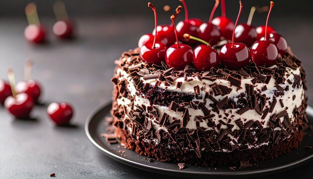 A decadent black forest cake with cherries and chocolate shavings, dramatic lighting, gourmet dessert presentation