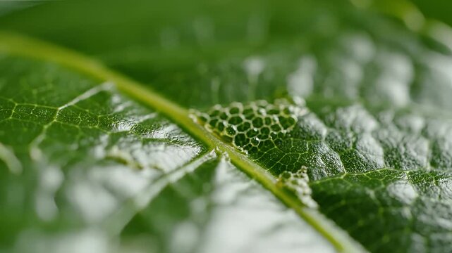 Macro shot of frothy insect eggs on a green leaf surface.