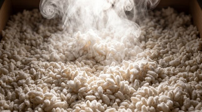 Fluffy rice koji steam rising above white mycelium culture, spotlight on Aspergillus oryzae grains, fermentation microbiome concept