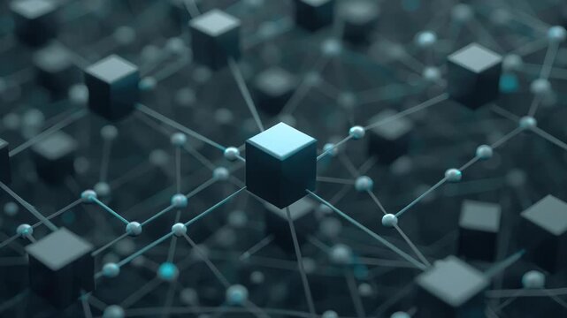 Connected cube network node connection pattern with glowing links and abstract technology digital