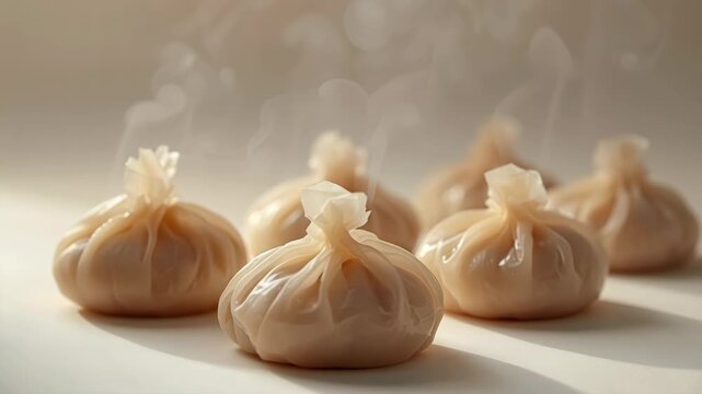 Steaming dumpling on white surface with translucent wrapper soft filling asian steamed food wrapper