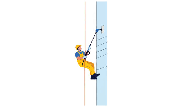 Professional Industrial Abseiler Cleaning High-Rise Building Facade with Pressure Washer