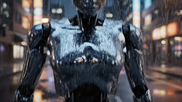 Humanoid robot standing in rainy futuristic city street at night