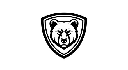 Obraz premium Bear head emblem inside shield frame black white vector.